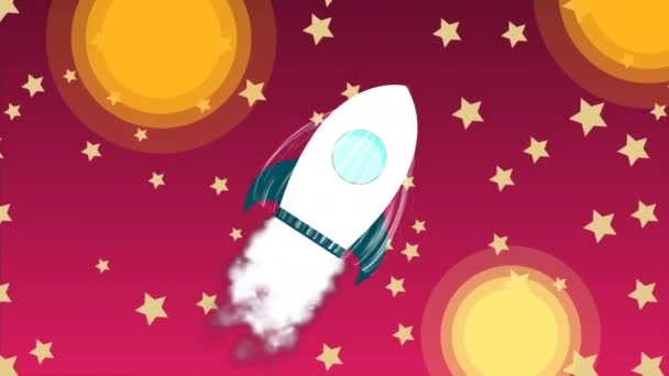 Rajzfilm rakéta űrhajó füst dob égre, csillagok, űrkutatás, art design indítási kreatív ötlet, 3d render — Stock videók