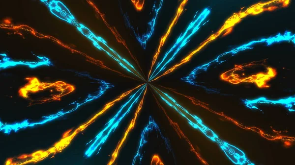 Kaleidoskop mit Energielinien mit Flammeneffekt, modernem abstrakten 3D-Render, hellem computergeneriertem Hintergrund — Stockfoto