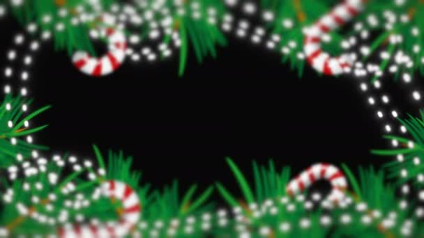 Frontera navideña con ramas de abeto verde, guirnalda brillante, caramelos, fondo de representación 3d, generado por computadora — Vídeos de Stock