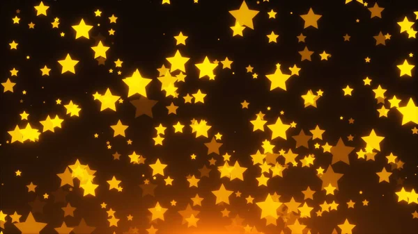 Muitas estrelas brilhantes de ouro estão no espaço, férias 3D renderizar fundo, explosão de ouro de confete — Fotografia de Stock