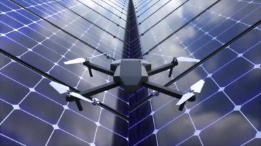 Modern parlak quadcopter teknolojisi, gösterilen bilim için 3d render arka plan arasında güneş panelleri,