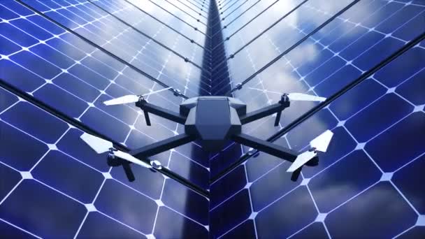 Moderne glimmende quadcopter onder zonnepanelen, 3d render achtergrond voor technologie, wetenschap weergegeven: — Stockvideo