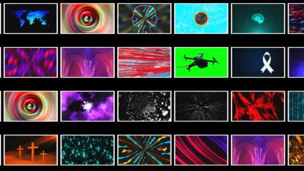 Много различных ярких абстрактных обоев в черном пространстве, 3D рендеринг — стоковое видео