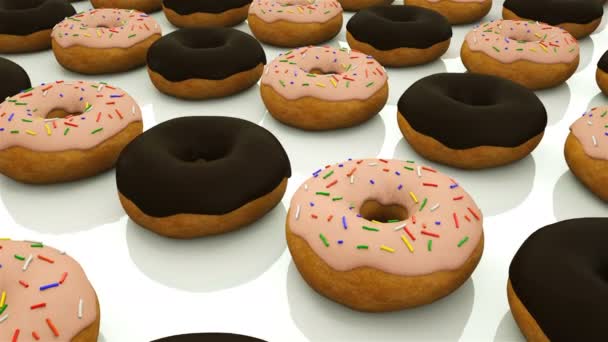 Viele Reihen glasierter süßer Donuts sind oberflächlich, moderner süßer Hintergrund, 3D-Render, computergeneriert — Stockvideo