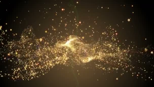 Muchas partículas de remolino brillantes vuelan en el espacio, vacaciones y festivo fondo de representación 3d, generado por computadora — Vídeo de stock