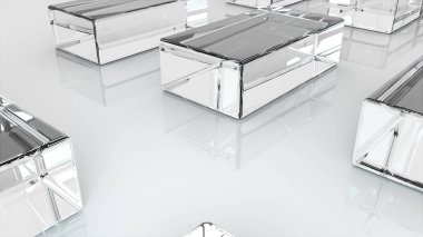 Birçok cam küpler veya buz küpleri düz yüzeye 3d render, endüstriyel zemin bilgisayar oluşturulan