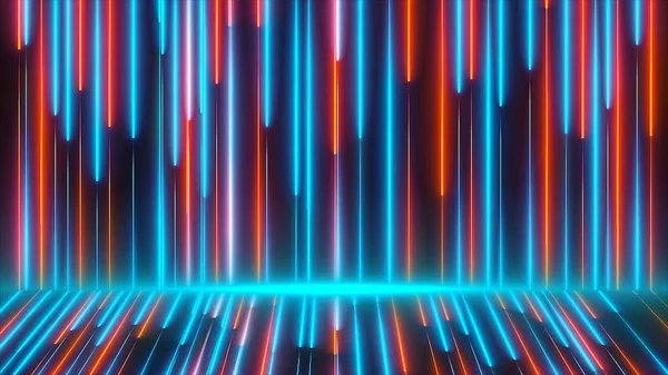 Bright colored neon beams are on wall and floor, modern neon technology, 3d render computer generated
