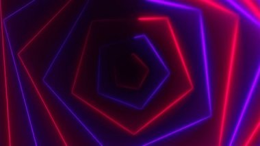 Altıgen parlak uzun soyut neon tünel karanlık uzayda, 3d render bilgisayar oluşturulan arka plan