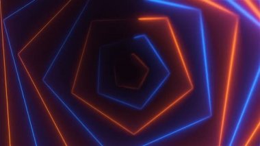 Altıgen parlak uzun soyut neon tünel karanlık uzayda, 3d render bilgisayar oluşturulan arka plan