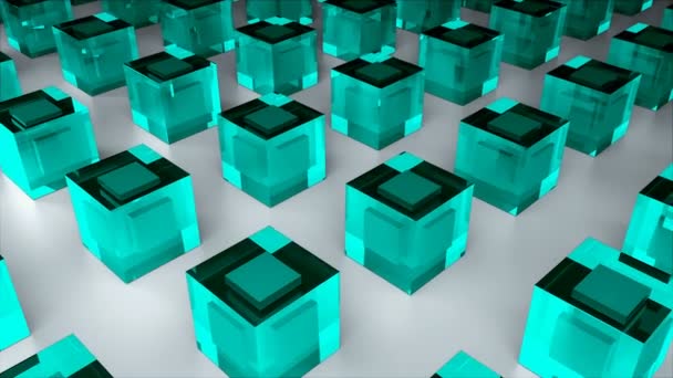Muchos cubos de vidrio o cubos de hielo están en superficie plana, 3d render, telón de fondo industrial generado por computadora — Vídeos de Stock