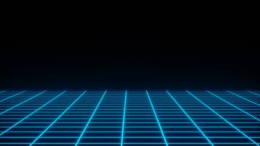 Karanlık uzayda Retro neon basit ızgara, düz yüzey, 3d render bilgisayar oluşturulan fon