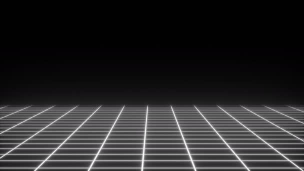 Ретро-неонова проста сітка в темному просторі, плоска поверхня, 3D рендеринговий комп'ютер, створений на фоні — стокове відео