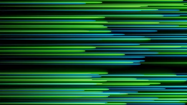 Muitas linhas de iluminação de néon no fundo gerado por computador preto e abstrato, renderização 3D — Fotografia de Stock