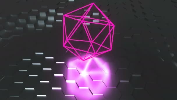 Neon atom sembolü yansıma, fütüristik 3d render arka plan, icosahedron geometrik şekil ile yüzeyde — Stok video