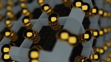 Altın topları, soyut duvar kağıdı, trendy modern illüstrasyon ile 3d ızgara. 3d render arka plan