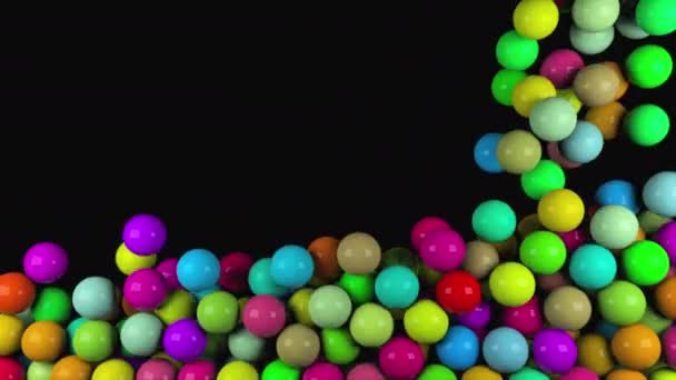 多くの抽象的なカラフルな光沢のあるボールが落ちる、3Dレンダリングコンピュータ生成された背景 — ストック動画