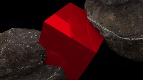 Two rocks and cube with reflection, abstraction, 3d rendering computer generated background — Stock Video