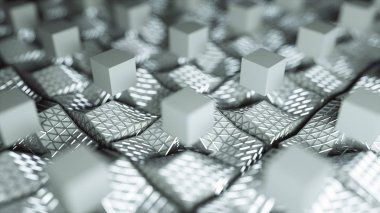 Birçok yükselen ve küpleri gölgeler ile dönüm, modern arka plan, 3d render bilgisayar oluşturulan