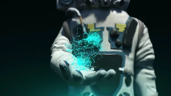 Αστροναύτης σε σύγχρονες ωμολαβές κρατά τελείες σύνδεσης, 3D φόντο απόδοσης, υπολογιστή που δημιουργείται φόντο — Φωτογραφία Αρχείου
