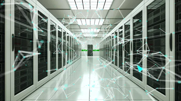 Sala de servidores y puntos de conexión en el centro de datos, red web y tecnología de telecomunicaciones de Internet, renderizado 3D — Foto de Stock