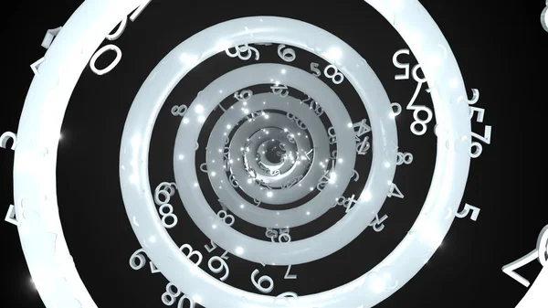 Tid ändlösa abstrakt spiral med många siffror, 3D Render datorgenererade bakgrund — Stockfoto