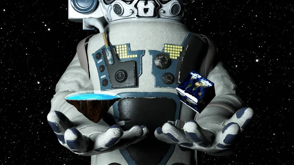 Astronaut in modern scaphandre holds flat Earth and cube Earth, 3d render backdrop, computer generated backdrop — Stock Photo, Image