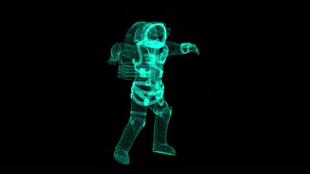 Astronaut in modern scaphandre from many small particles is in the space, 3d background, computer generated backdrop — Stock Video