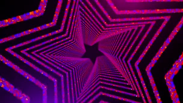 Terowongan berbentuk bintang dengan banyak partikel melingkar bercahaya di ruang angkasa, komputer menghasilkan latar belakang abstrak, render 3D — Stok Video
