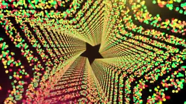 Túnel en forma de estrella con muchas partículas circulares brillantes en el espacio, fondo abstracto generado por computadora, renderizado 3D — Vídeo de stock