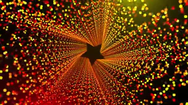 Ster vormige tunnel met veel gloeiende circulaire deeltjes in een ruimte, computer gegenereerde abstracte achtergrond, 3d render — Stockvideo