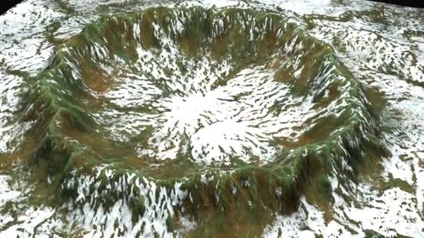 Σύγχρονος κρατήρας 3D με χιόνι και πράσινη επιφάνεια, αυτό στο κομμάτι της γης, που δημιουργείται από τον υπολογιστή — Αρχείο Βίντεο