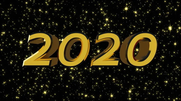 Goldglänzender Text 2020 mit vielen Sternen, moderner Hintergrund für Neujahrsferien, 3D-Computerhintergrund — Stockfoto