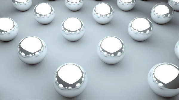 Muitas bolas brilhantes com reflexos estão na superfície, fundo isométrico, moderno computador gerado pano de fundo 3D — Fotografia de Stock