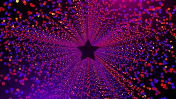 Tunnel a forma di stella con molte particelle circolari incandescenti nello spazio, sfondo astratto generato dal computer, rendering 3D — Foto Stock