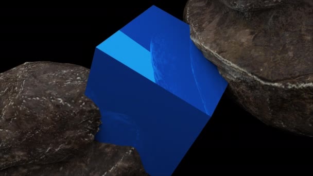 Δύο βράχοι και κύβος με αντανάκλαση, αφαίρεση, 3D απόδοση υπολογιστή που παράγεται φόντο — Αρχείο Βίντεο