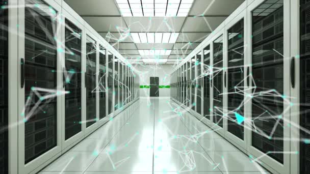 Salle de serveurs et points de connexion dans le datacenter, le réseau Web et la technologie de télécommunication Internet, rendu 3D 