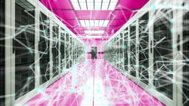 Datacenter, Web Ağı ve internet telekomünikasyon teknolojisi, 3D Rendering sunucu odası ve bağlantı noktaları
