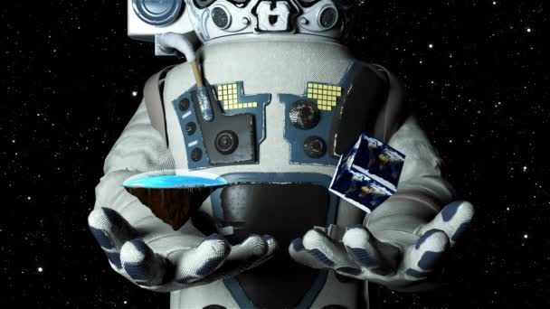 Астронавт в современном scaphandre держит плоскую Землю и куб Земля, 3D рендеринг фон, компьютер генерируется фон — стоковое видео