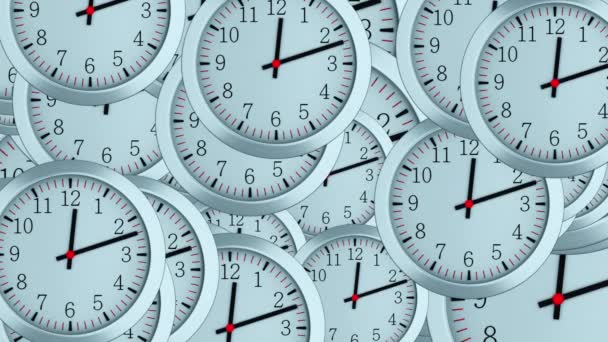 Many 3d simple clocks with hour, second and minute arrows, computer generated modern business backdrop — Stock Video