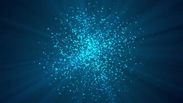 Viele abstrakte kleine blaue Teilchen in Kugelform im Raum, computergenerierter abstrakter Hintergrund, 3D-Renderer — Stockvideo