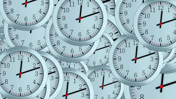 Muitos relógios simples 3d com setas de hora, segundo e minuto, computador gerado moderno cenário de negócios — Fotografia de Stock