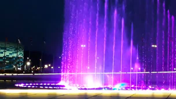 Hermosa fuente brillante con iluminación y banderas en la noche oscura de verano — Vídeos de Stock