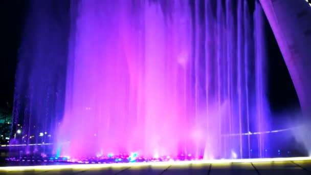 Beautiful bright fountain with illumination and flags at summer dark night — Stock Video