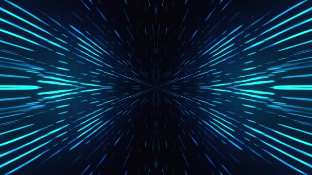 Partículas azuis brilhantes do centro formam raios sobre um fundo preto. Imagem gerada por computador, renderização 3d — Vídeo de Stock