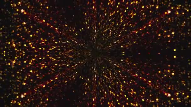 3D рендеринг излучения из центра золотых частиц на черном фоне, компьютер генерируется абстрактный фон — стоковое видео
