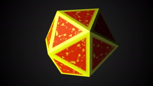 Komputerowe generowane icosahedron, renderowanie 3D platonicznej z żółtymi krawędziami i pomarańczowym centrum na czarnym tle — Wideo stockowe
