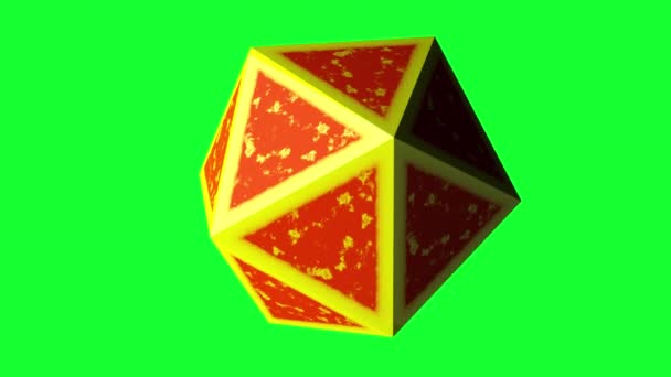 Icosaedro generado por ordenador, representación 3D de platónico con bordes amarillos y un centro naranja sobre un fondo negro — Vídeo de stock