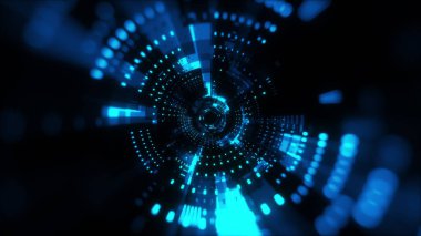 Mikroçiplerden yapılmış silindirik bir tünelin soyut arka planı. Bilgisayar oluşturulan 3d render