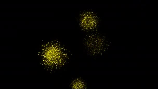Компьютерная композиция вызвала множество вспышек золотого салюта на черном фоне. 3d-рендеринг — стоковое видео