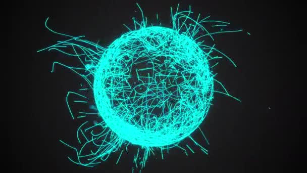 Representación 3d, esfera generada por computadora o bola de numerosas partículas de neón y líneas sobre un fondo negro — Vídeos de Stock